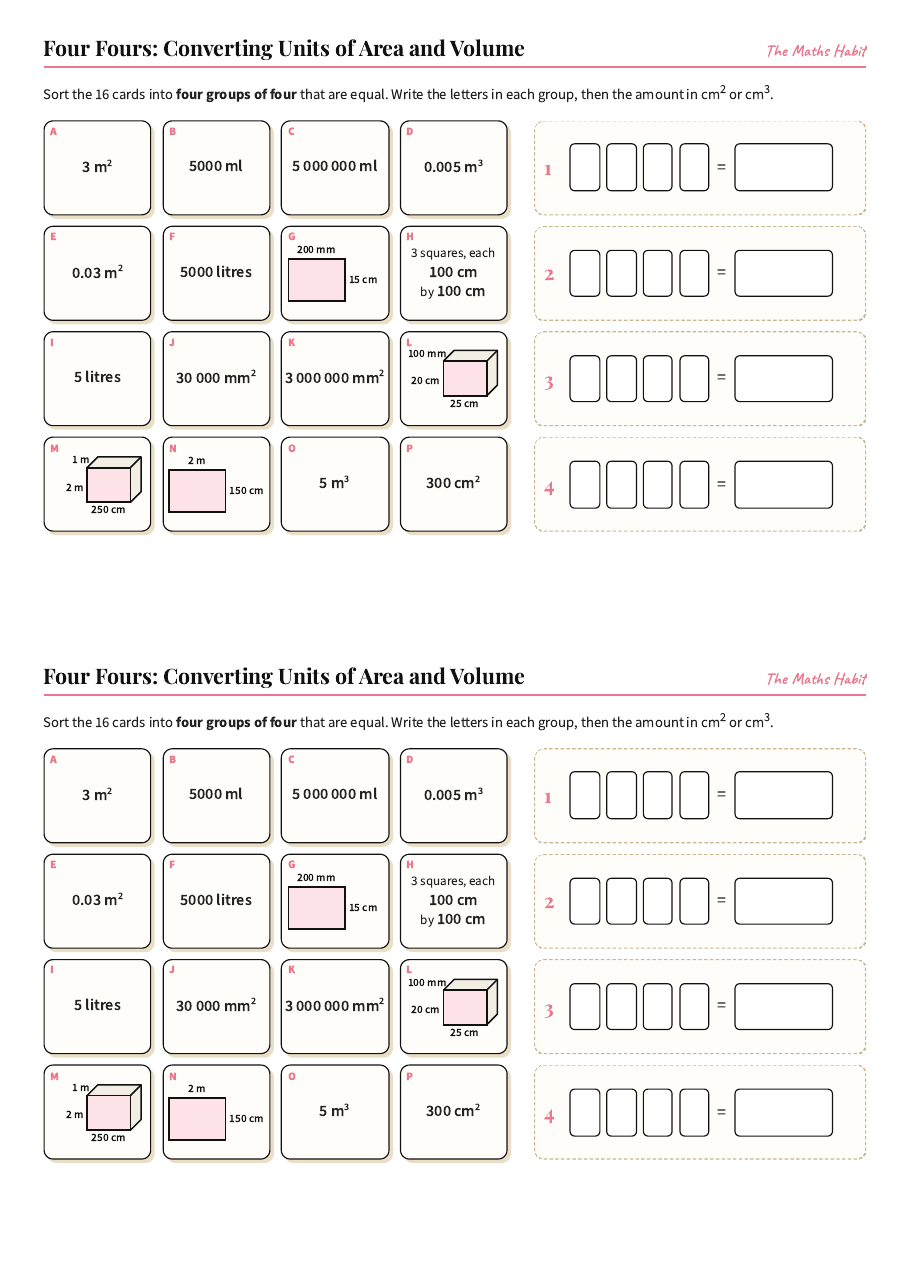 Four Fours: converting units of area and volume, first page