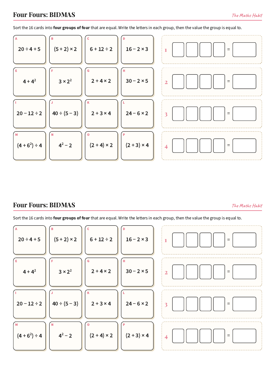 Four Fours: BIDMAS, first page