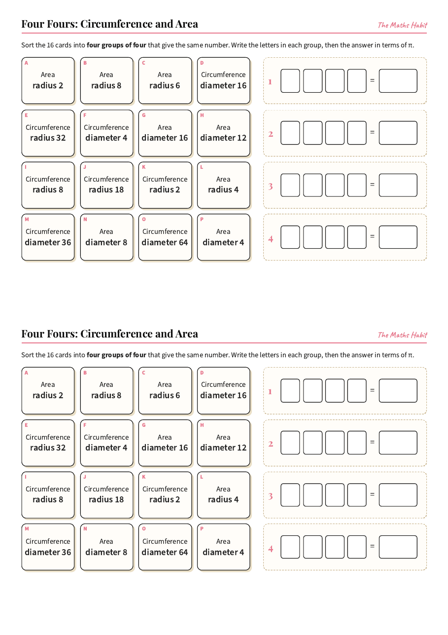 Four Fours: circumference and area, first page