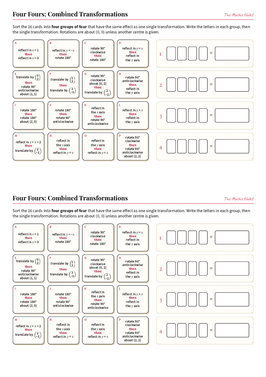 Four Fours: combined transformations, first page