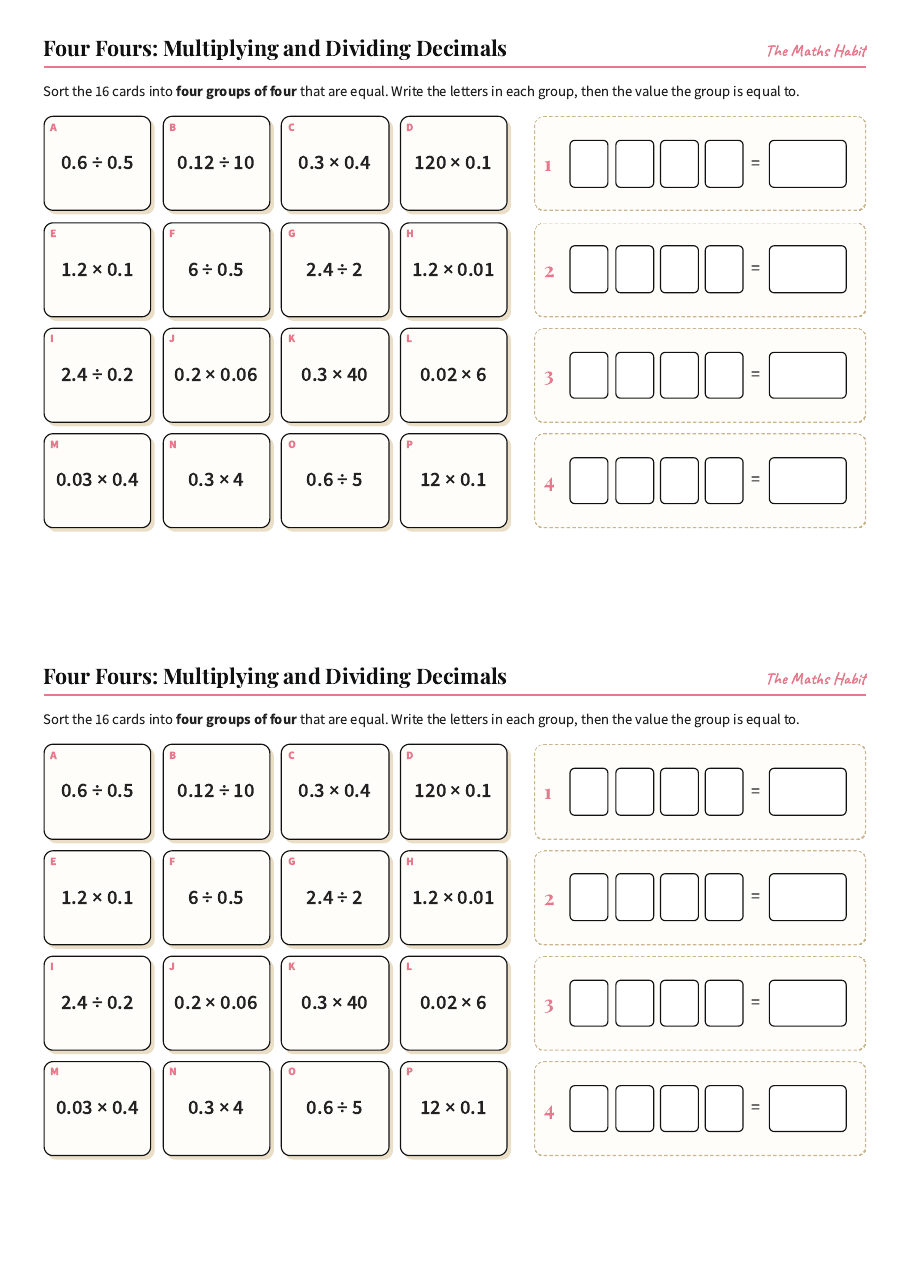 Four Fours: multiplying and dividing decimals, first page