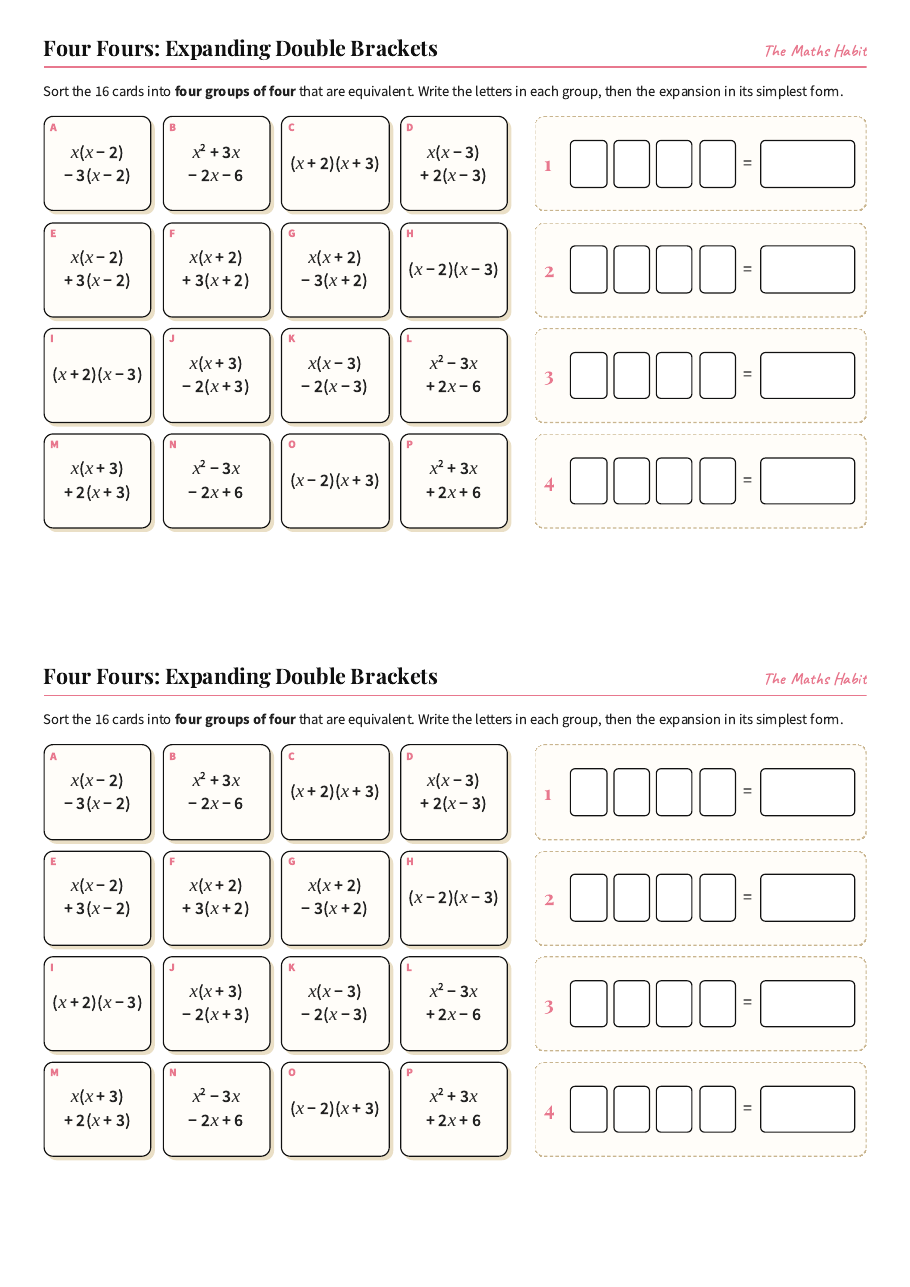 Four Fours: expanding double brackets, first page