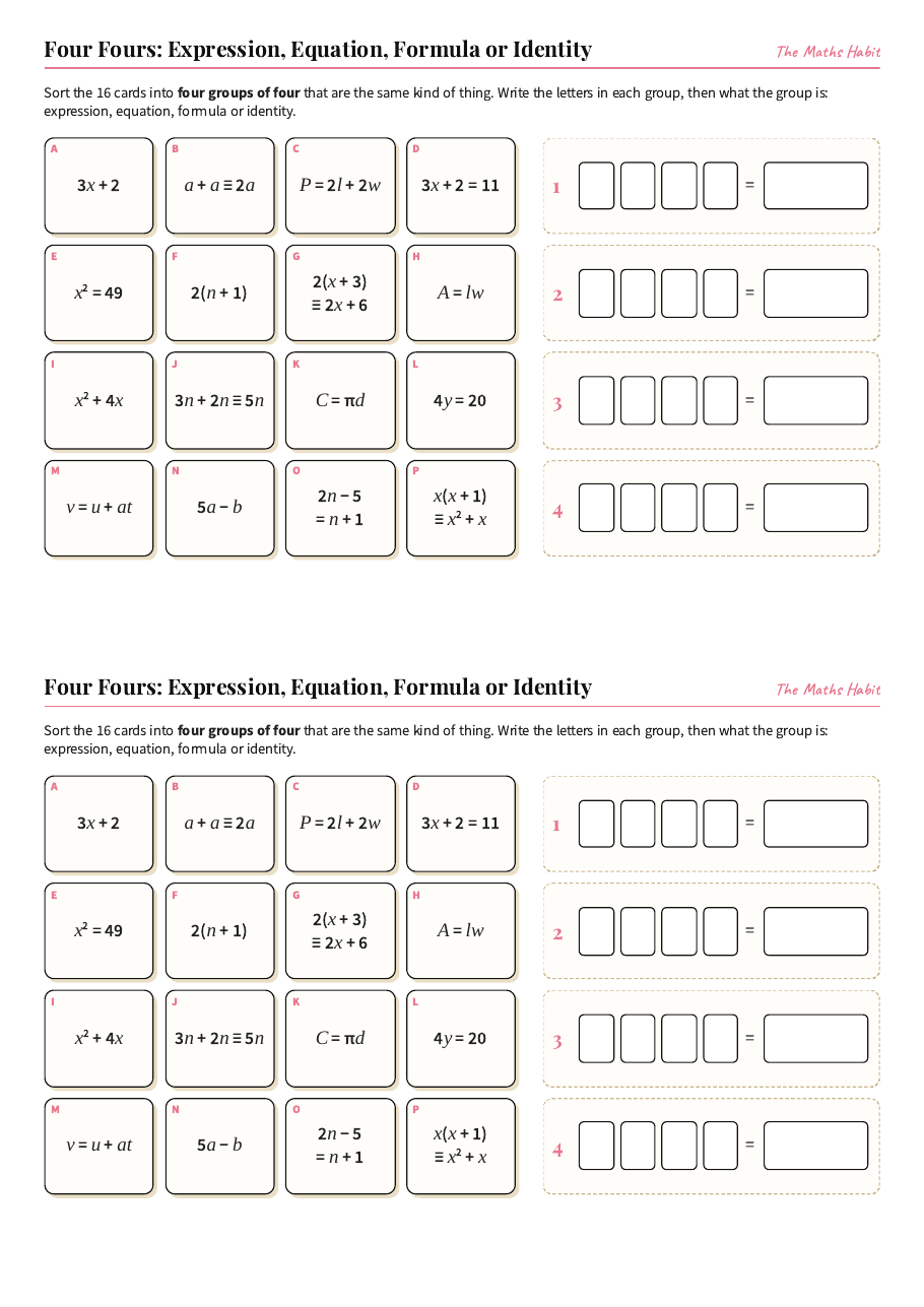 Four Fours: expression, equation, formula or identity, first page