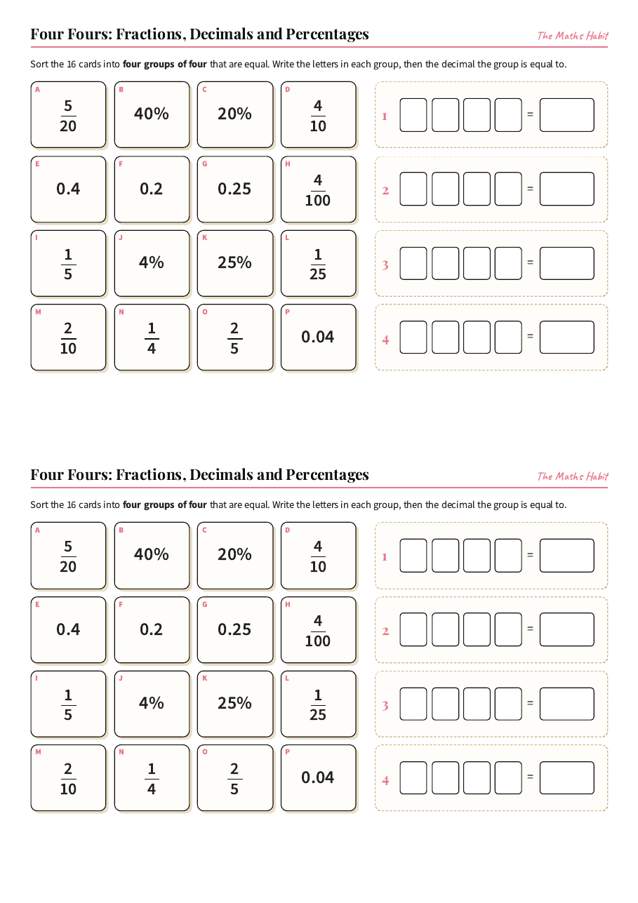 Four Fours: fractions, decimals and percentages, first page