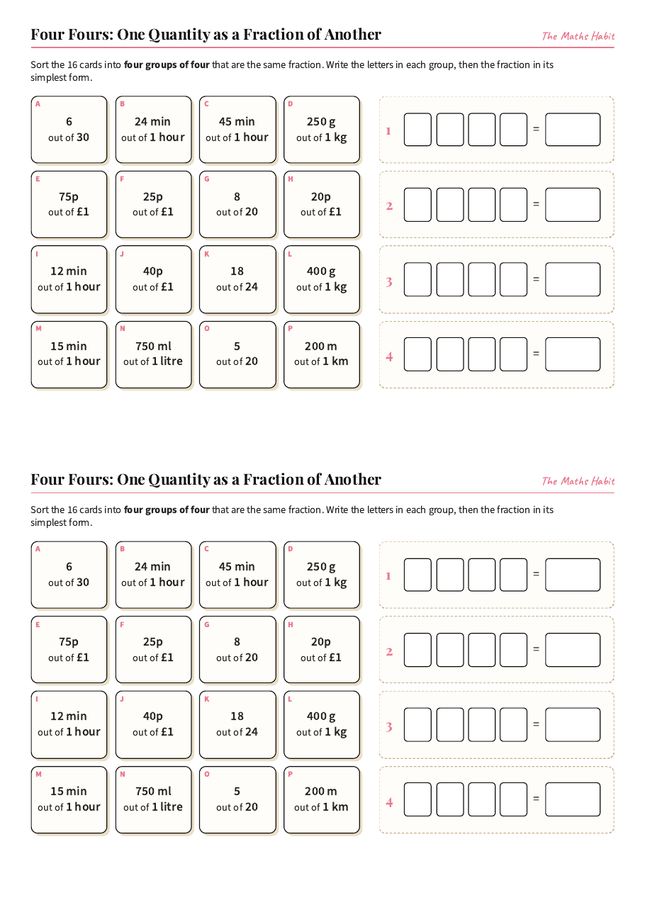 Four Fours: one quantity as a fraction of another, first page