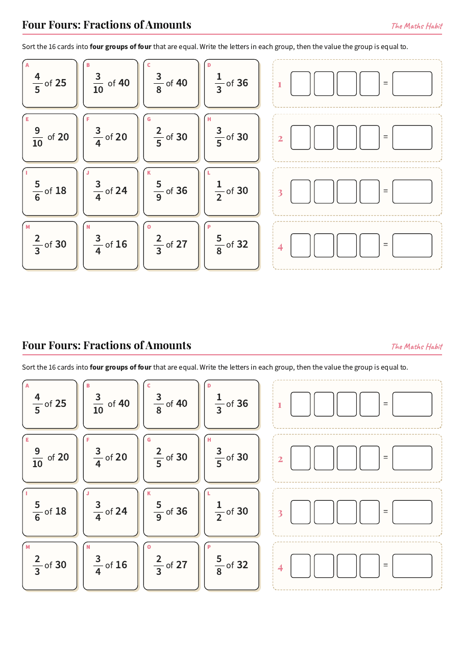 Four Fours: fractions of amounts, first page