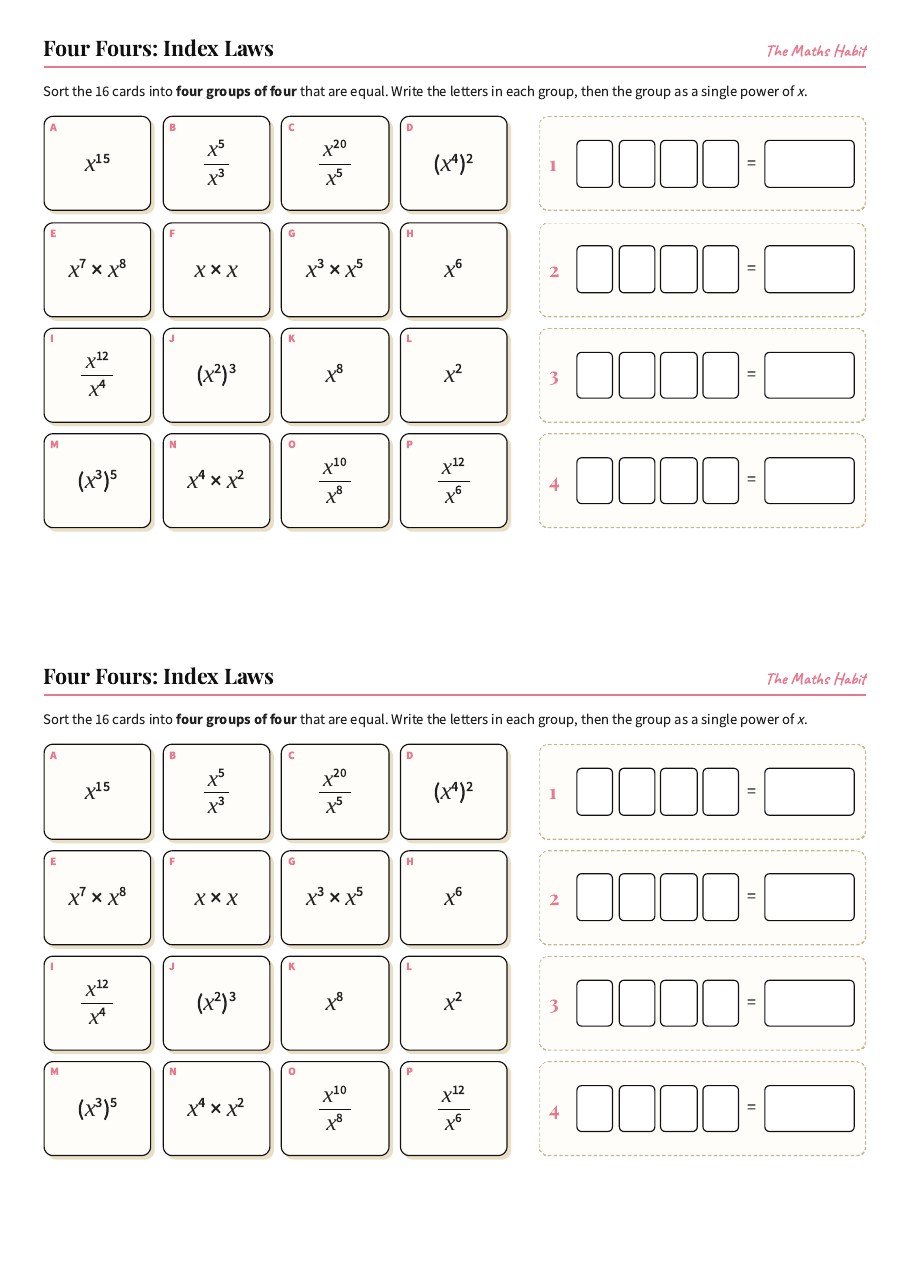 Four Fours: index laws, first page