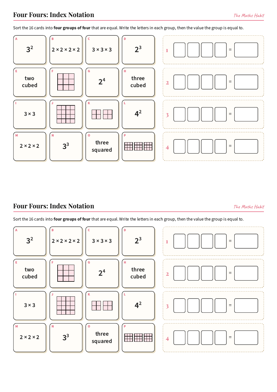 Four Fours: index notation, first page