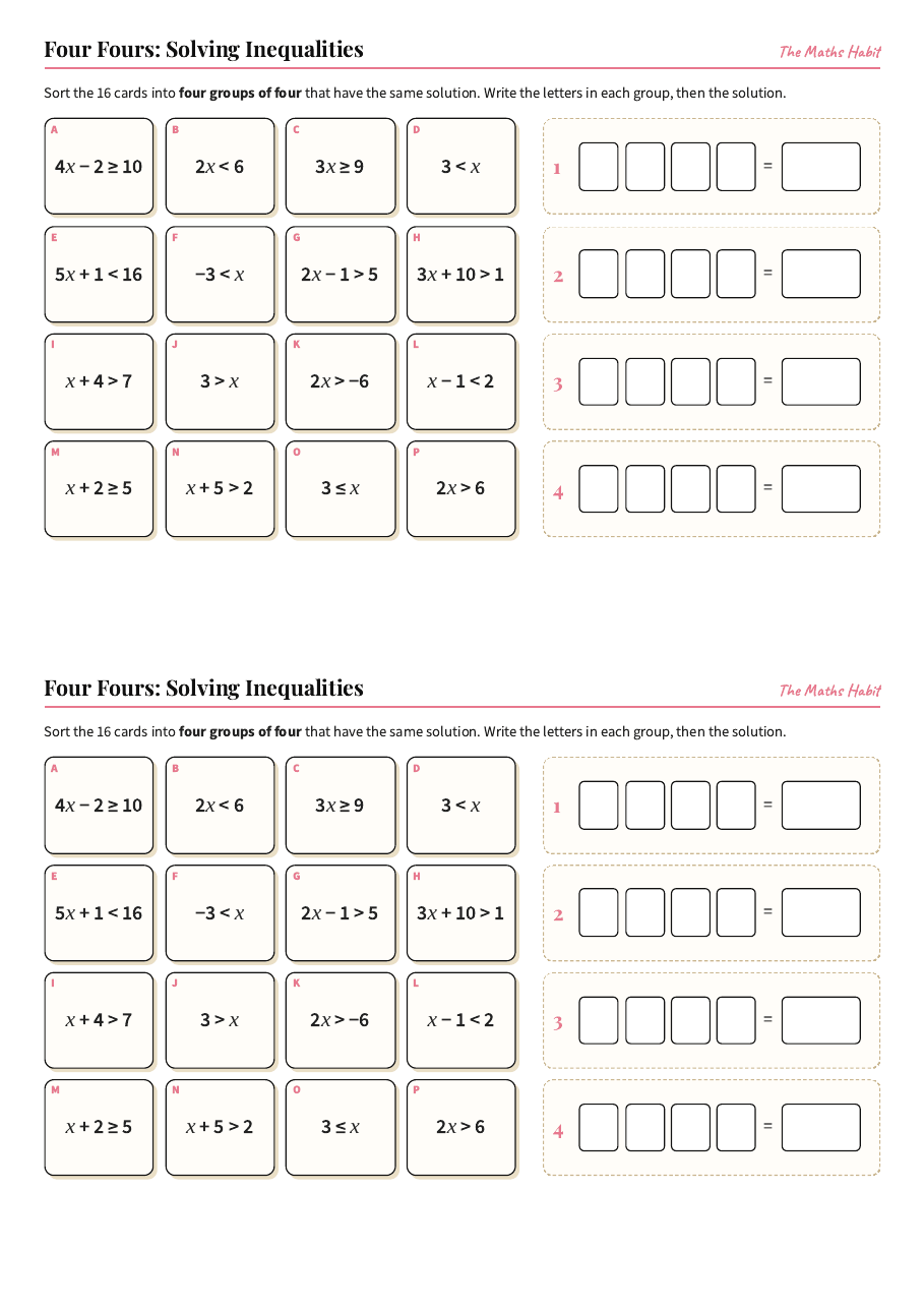 Four Fours: solving inequalities, first page