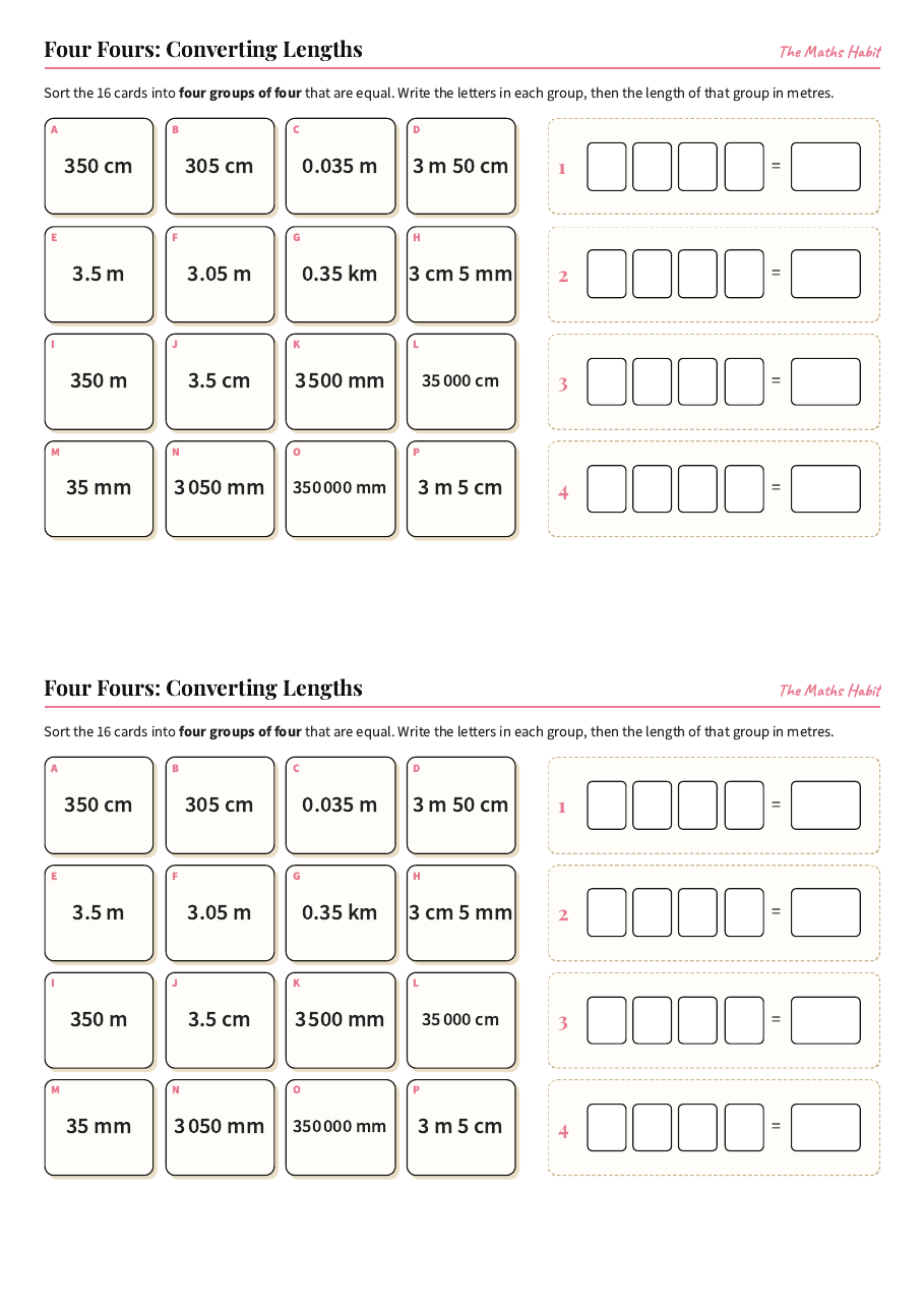 Four Fours: converting lengths, first page