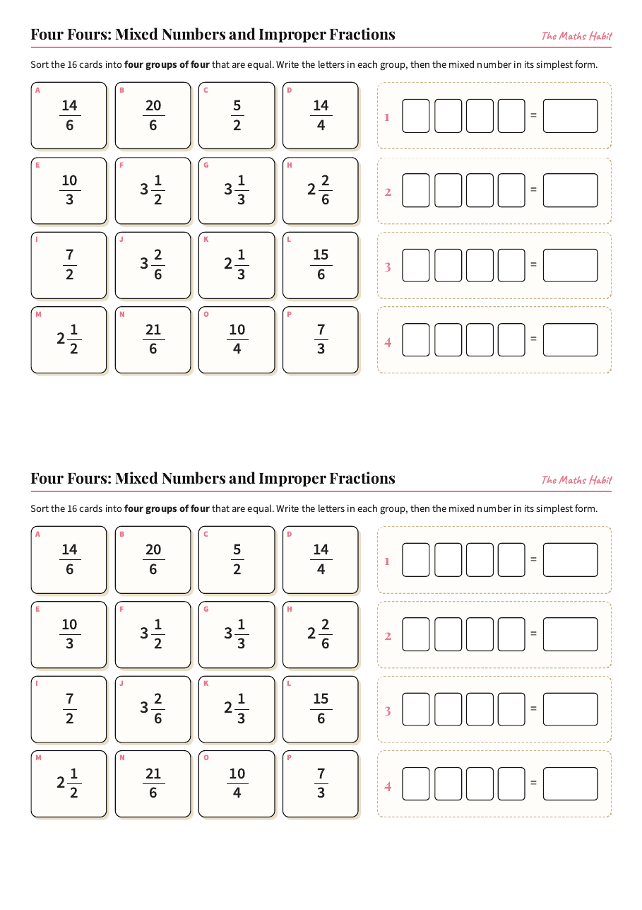 Four Fours: mixed numbers and improper fractions, first page