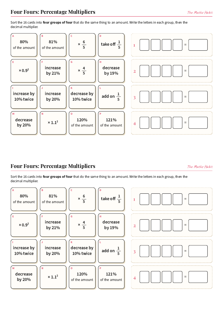 Four Fours: percentage multipliers, first page