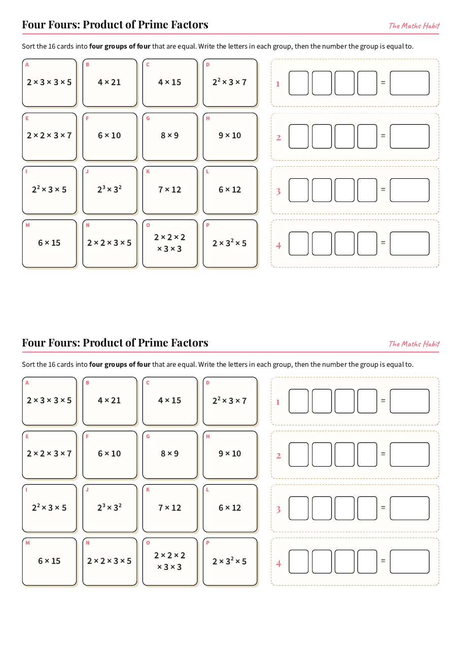 Four Fours: product of prime factors, first page