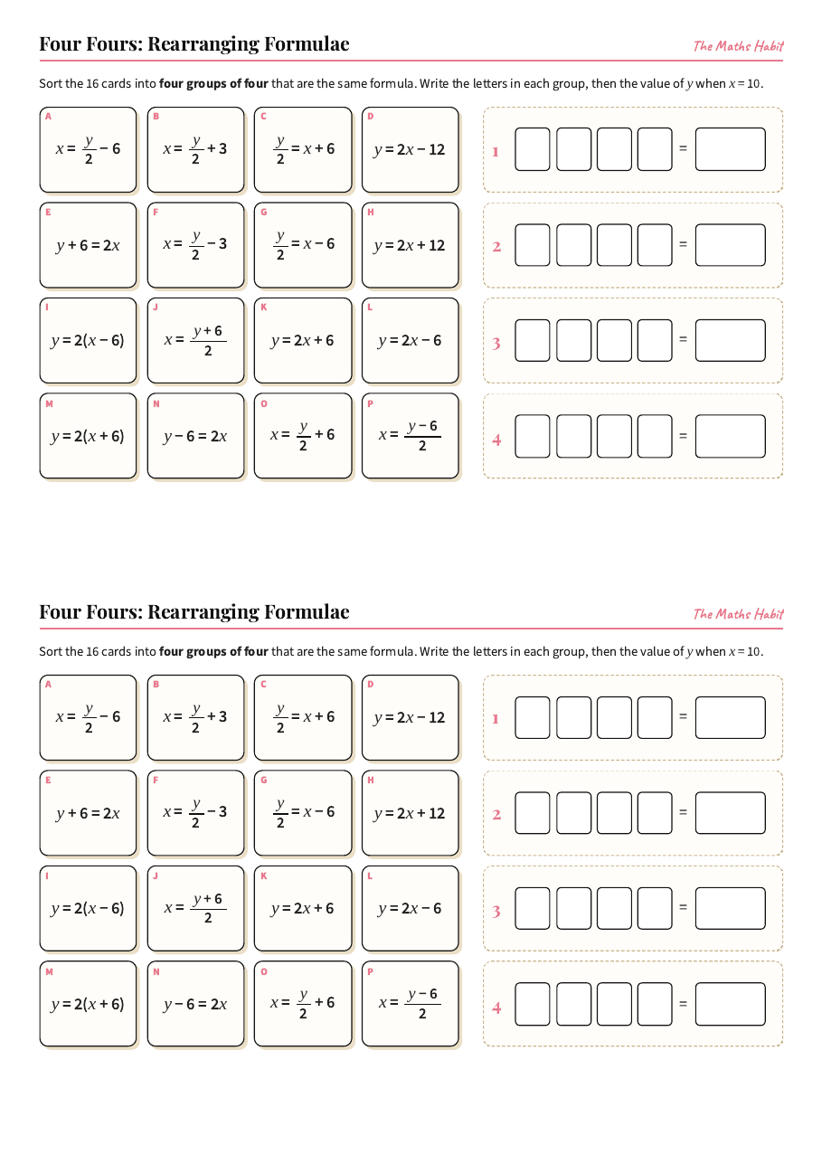 Four Fours: rearranging formulae, first page