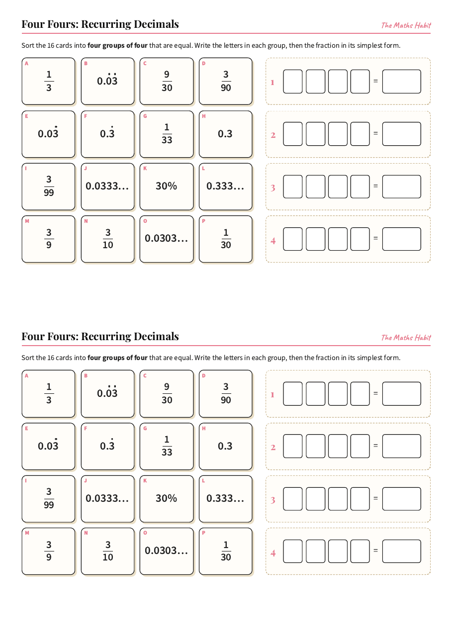 Four Fours: recurring decimals, first page
