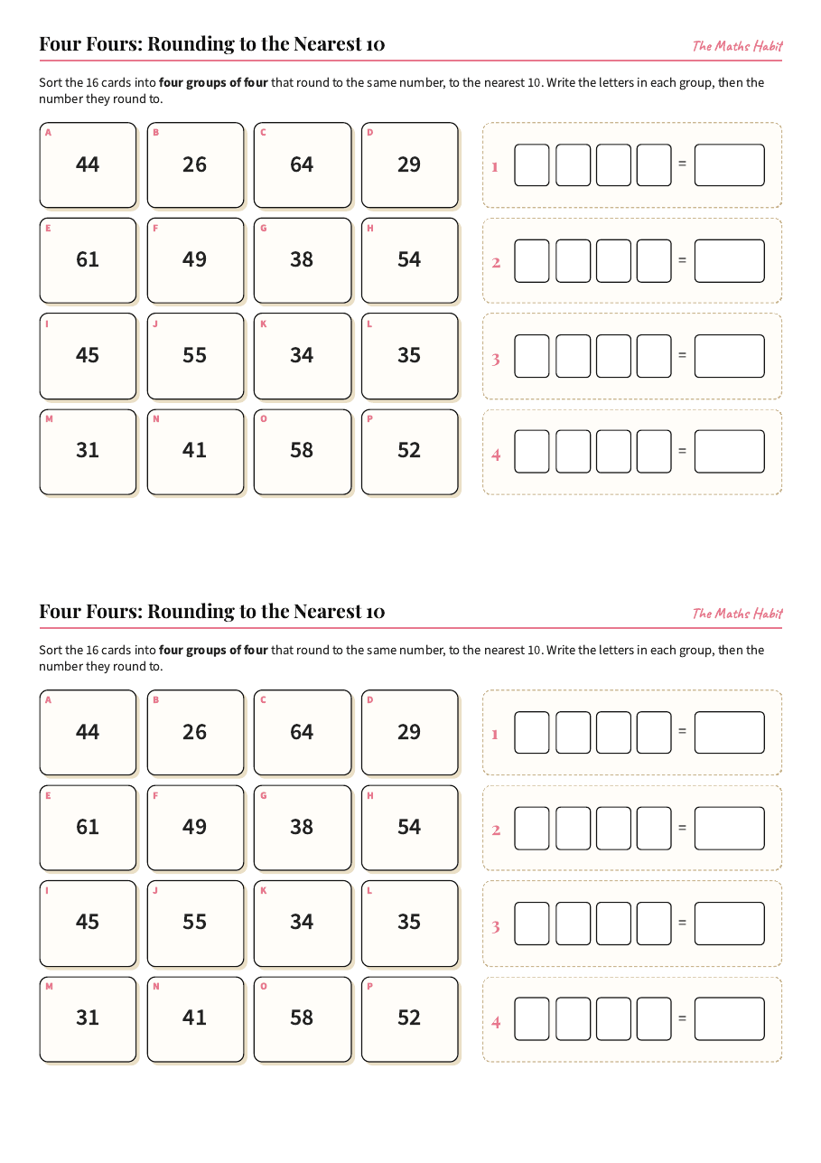 Four Fours: rounding to the nearest 10, first page