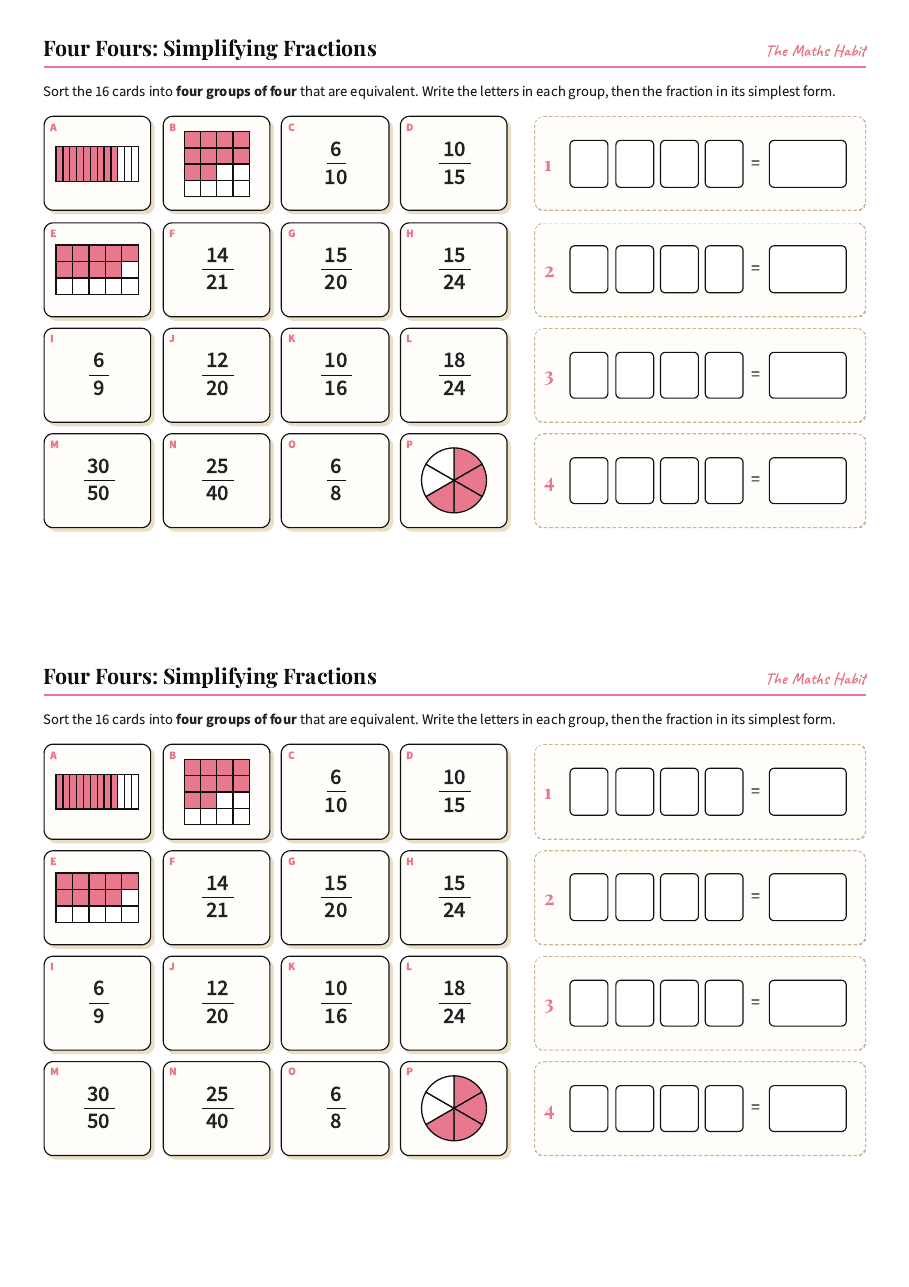 Four Fours: simplifying fractions, first page