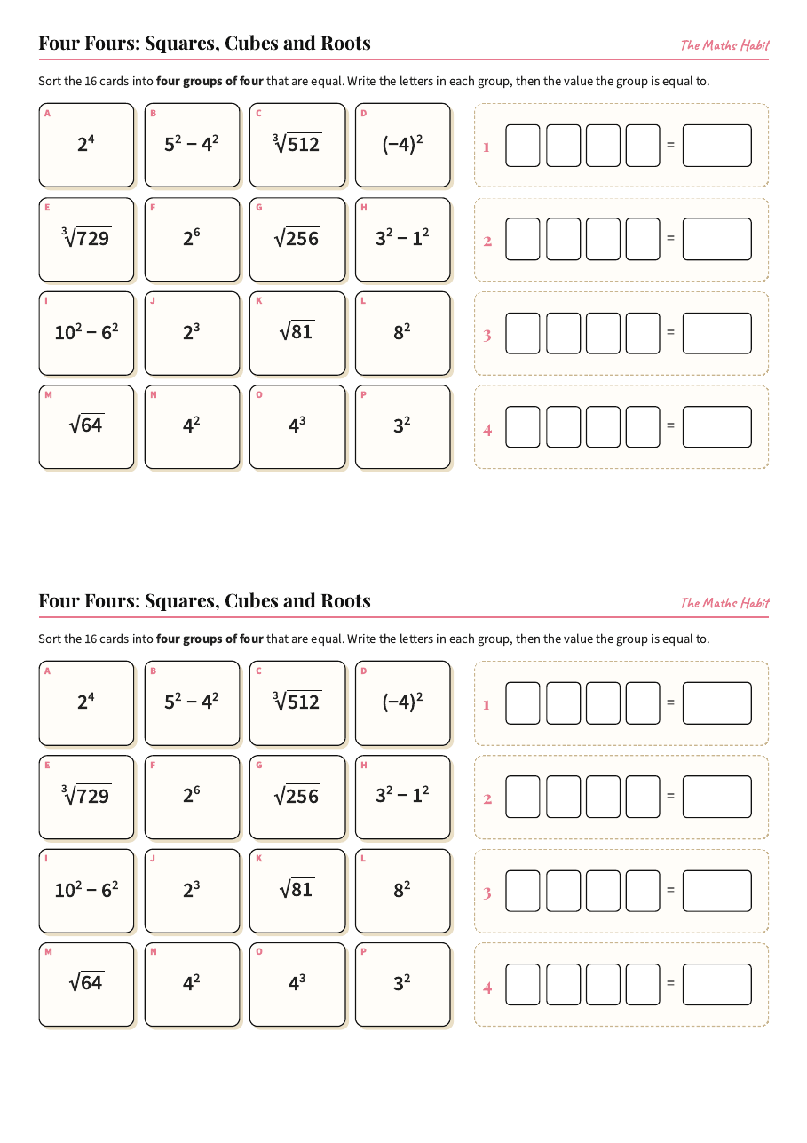 Four Fours: squares, cubes and roots, first page