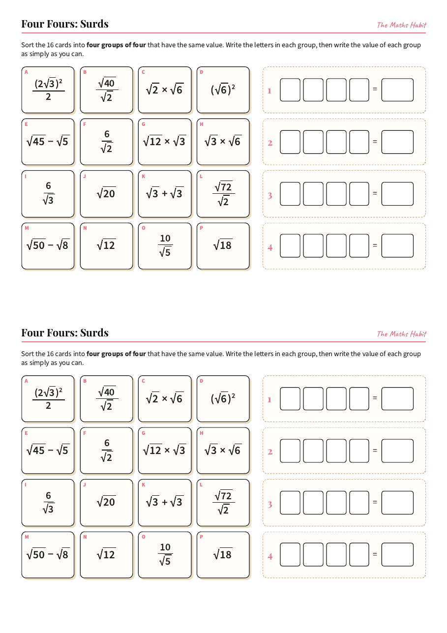 Four Fours: surds, first page