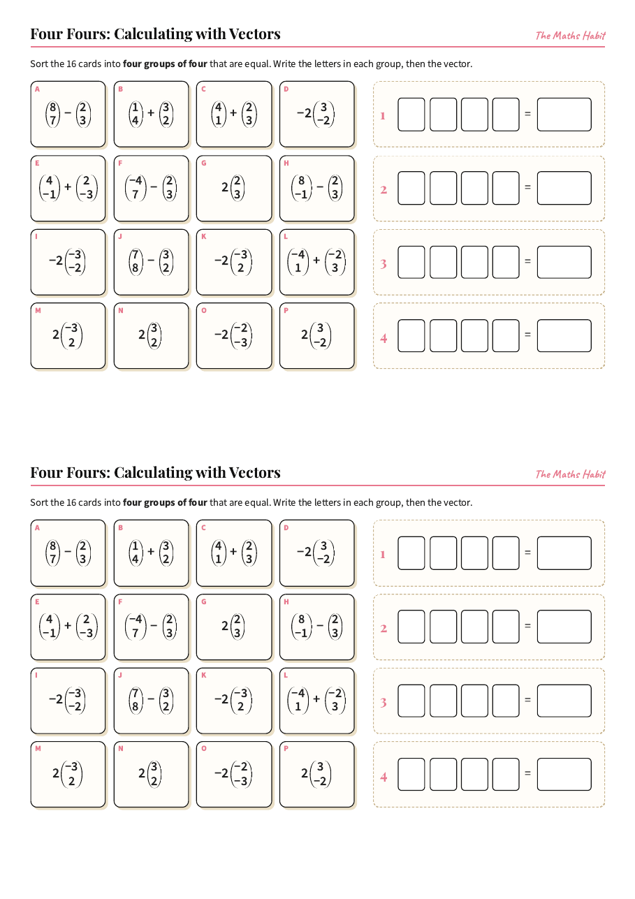 Four Fours: calculating with vectors, first page