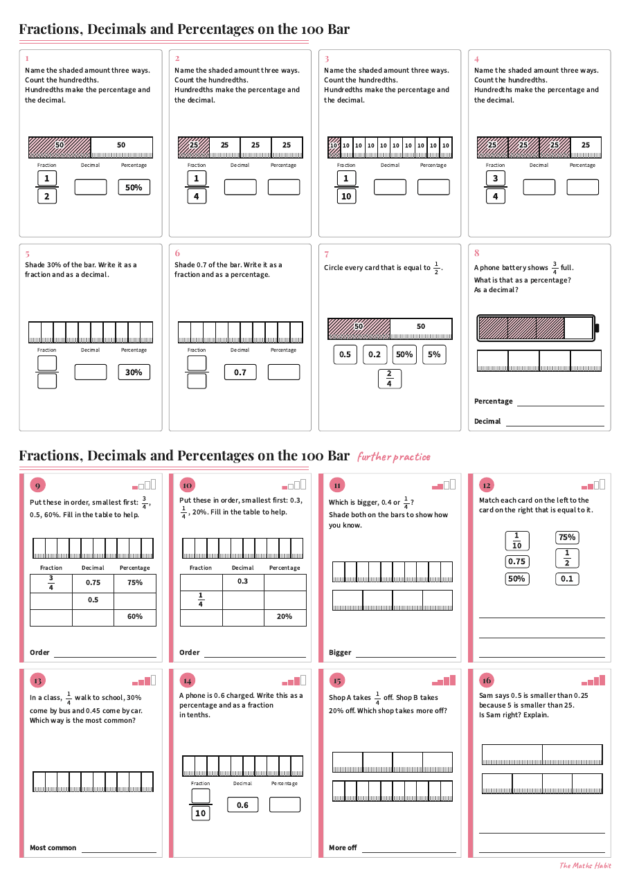 Fractions, decimals and percentages on the 100 bar, first page