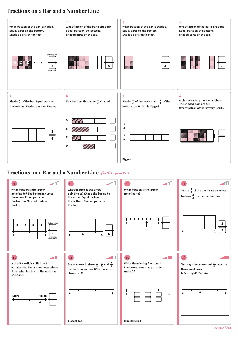 Fractions on a bar and a number line, first page