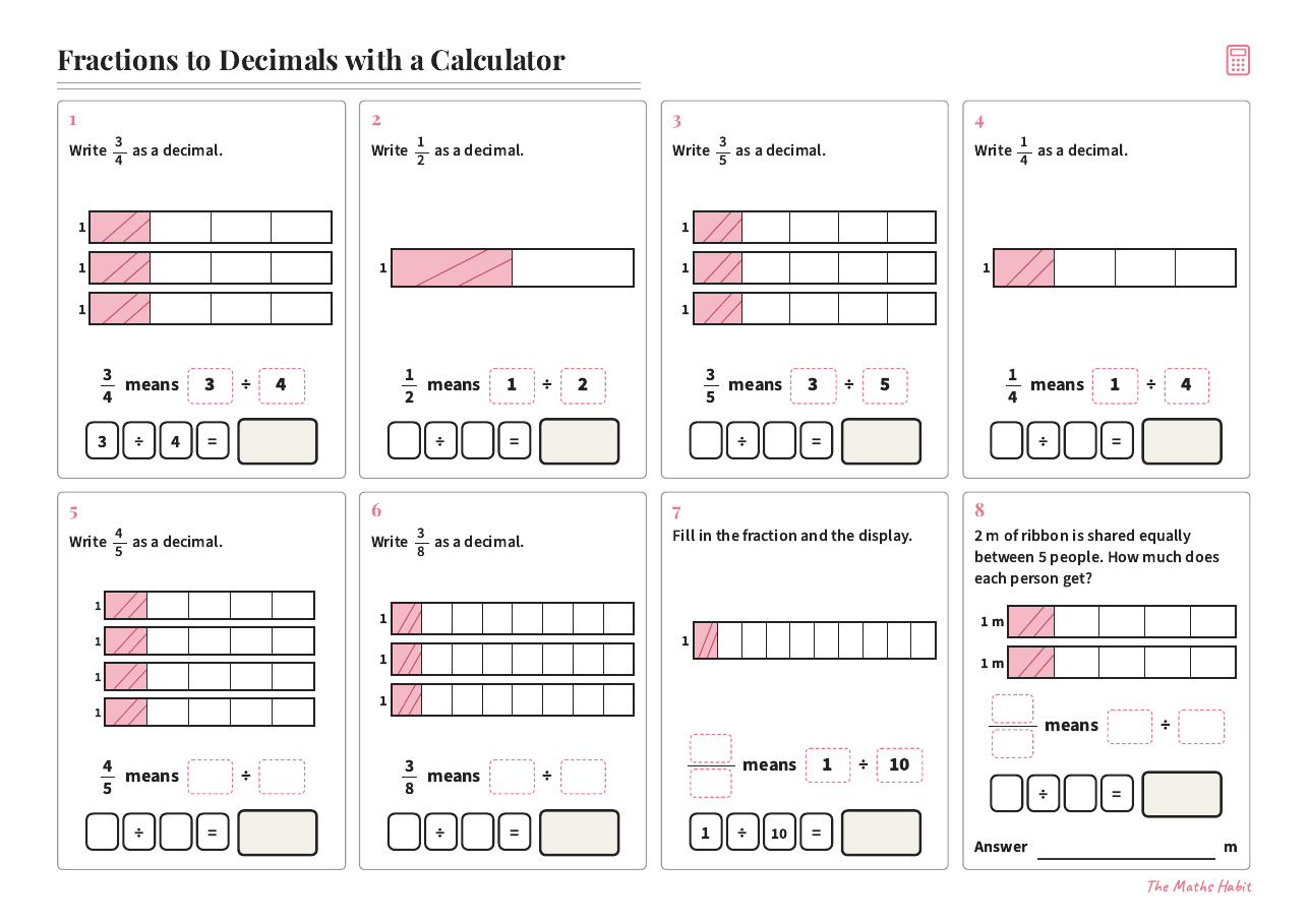 Fractions to decimals with a calculator, first page