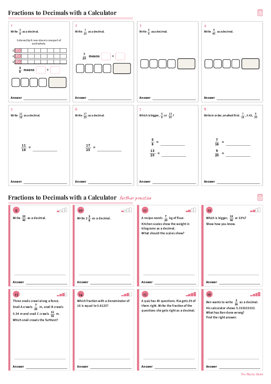 Fractions to decimals with a calculator, first page