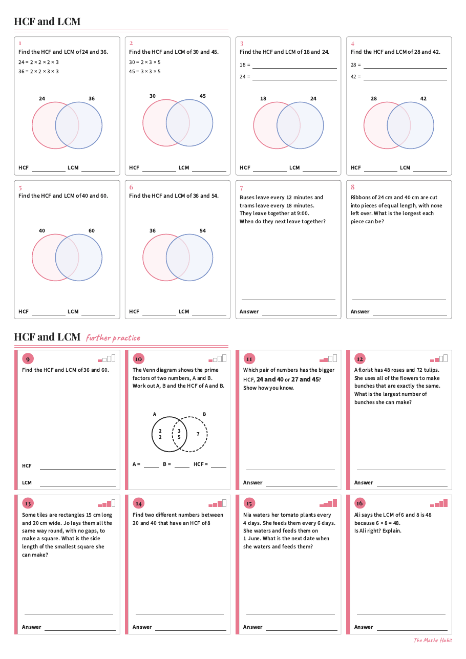 HCF and LCM: Venn diagrams, first page