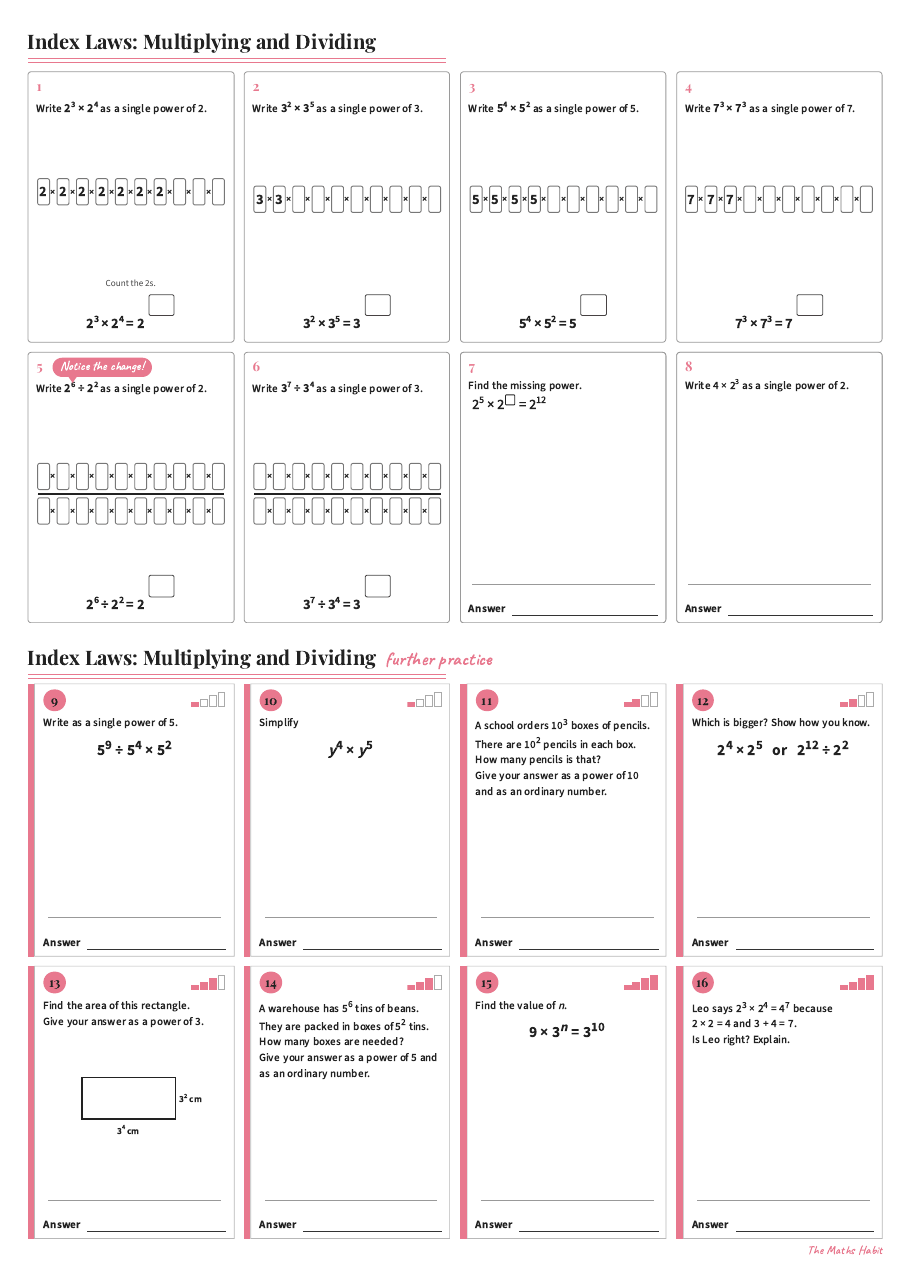 Index laws: multiplying and dividing, first page