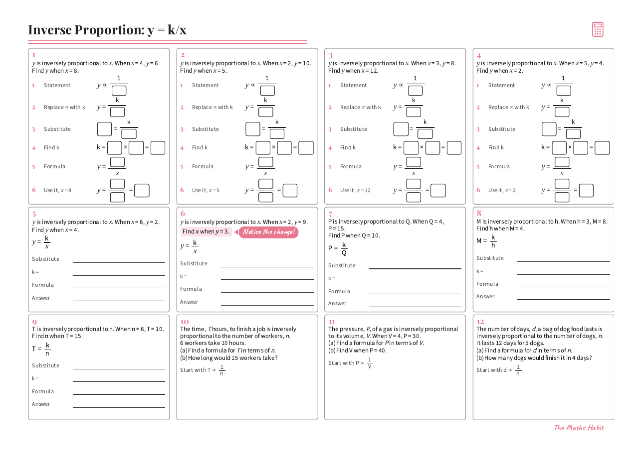 Inverse proportion: y = k/x, first page