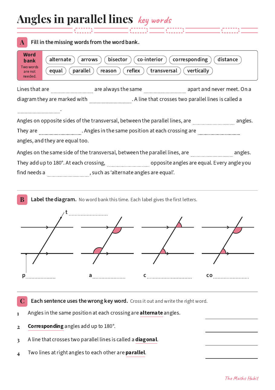 Key words: angles in parallel lines, first page