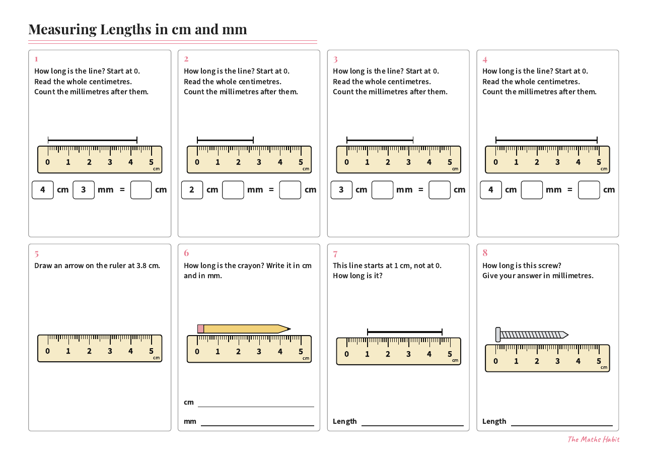 Measuring lengths in cm and mm, first page