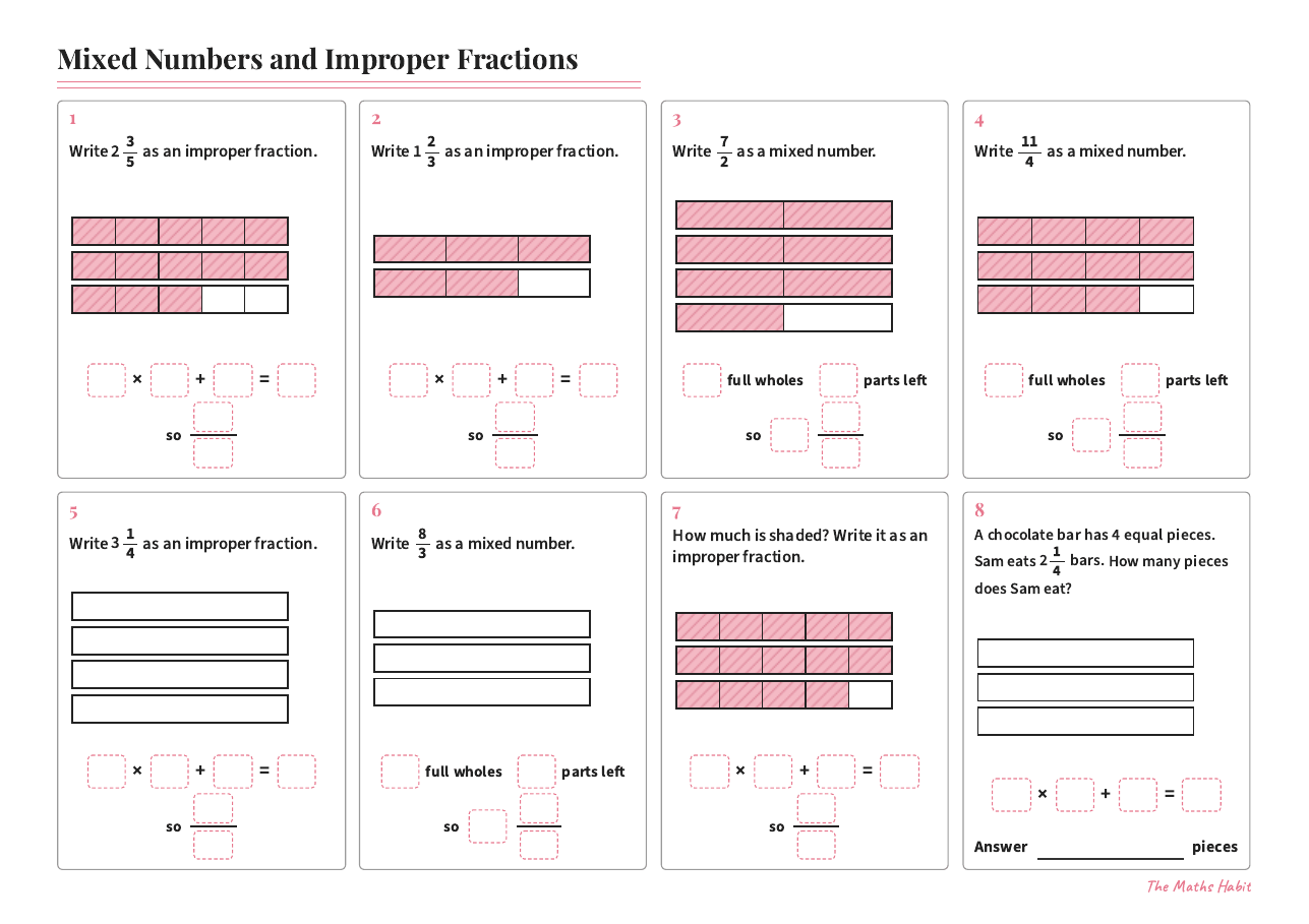 Mixed numbers and improper fractions, first page