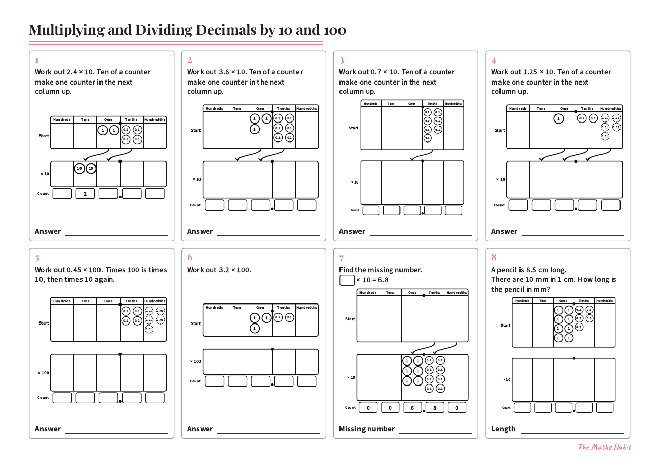Multiplying and dividing decimals by 10 and 100, first page