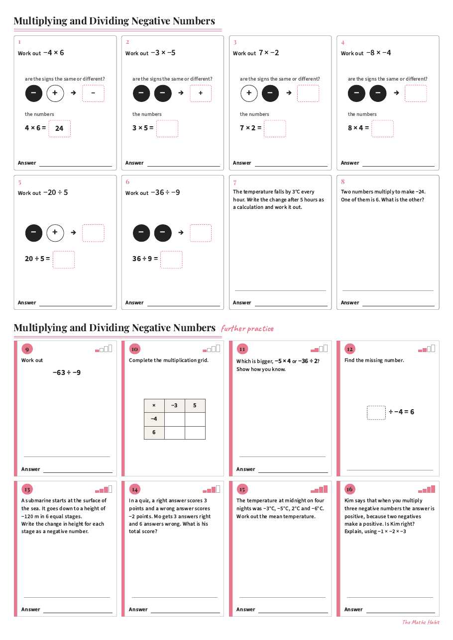 Multiplying and dividing negative numbers, first page