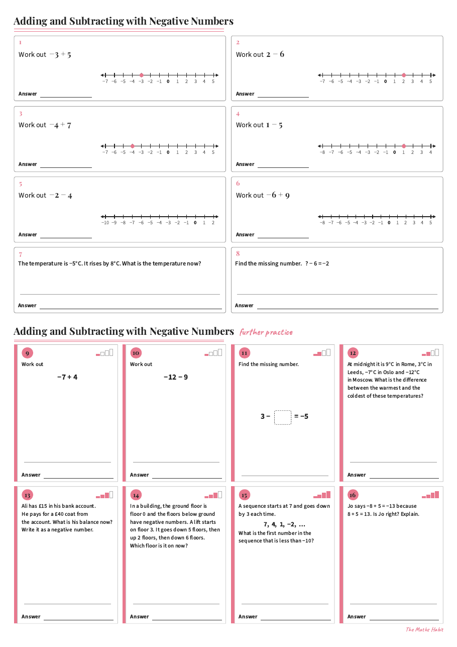 Adding and subtracting with negative numbers, first page