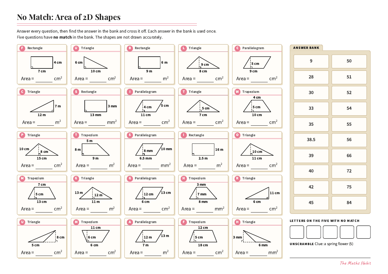 No match: area of 2D shapes, first page