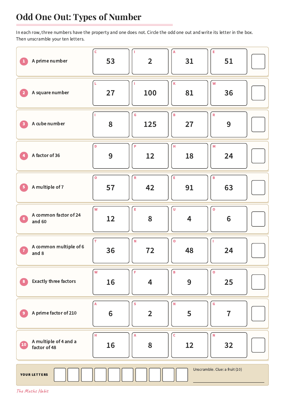 Odd one out: types of number, first page