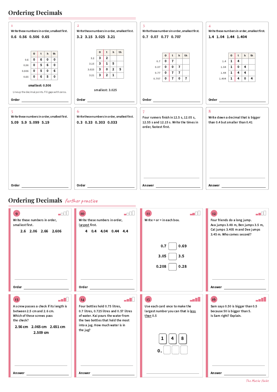 Ordering decimals, first page
