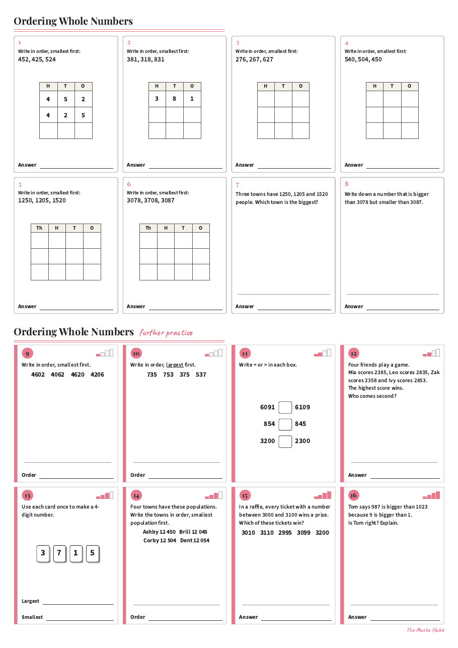 Ordering whole numbers, first page