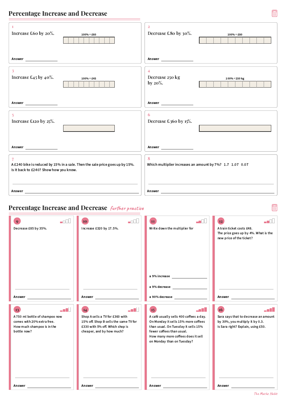 Percentage increase and decrease, first page
