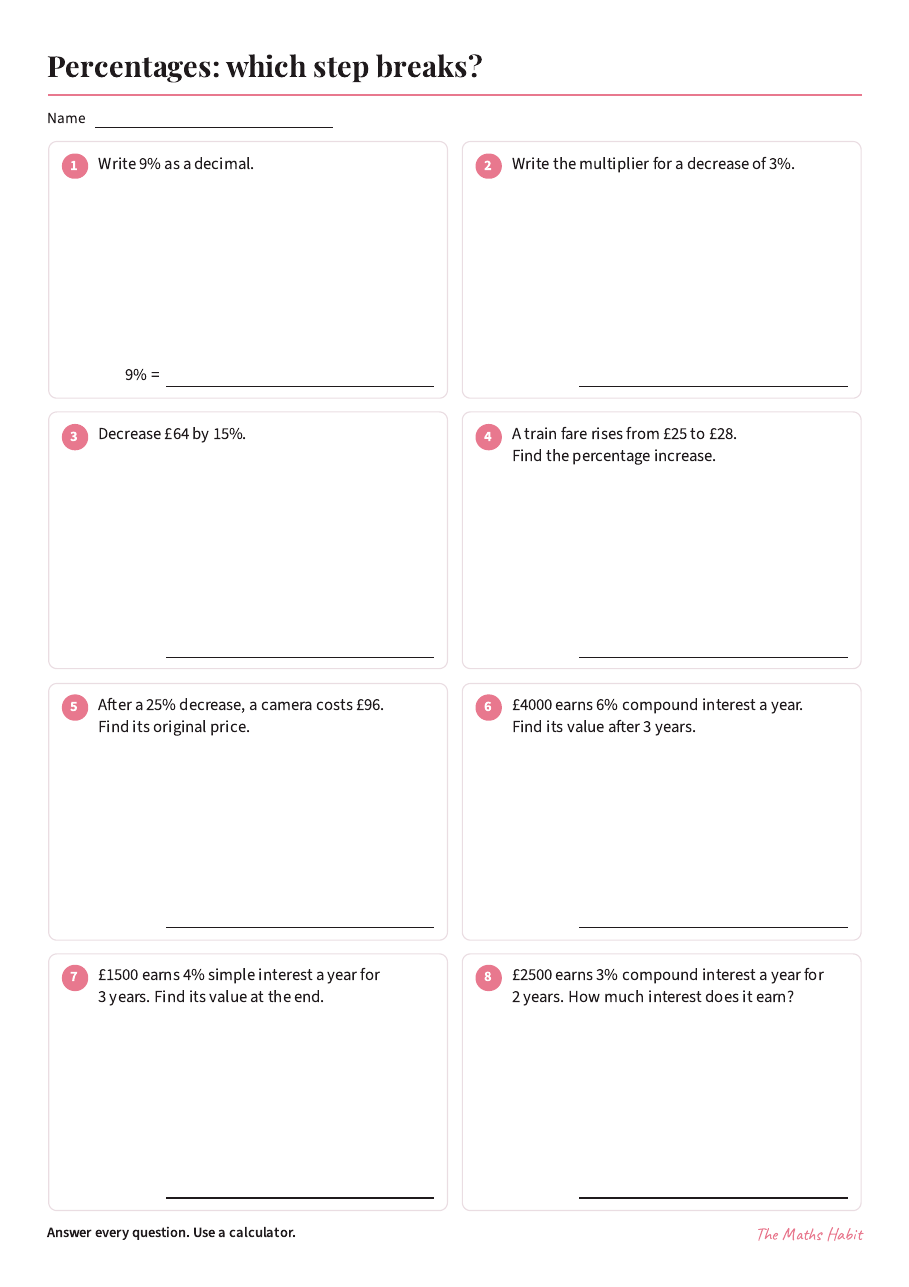 Percentages: which step breaks?, first page