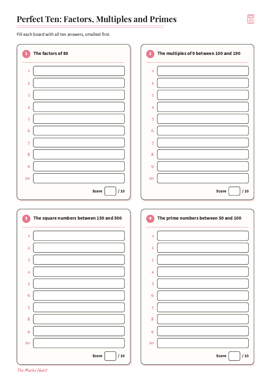 Perfect Ten: factors, multiples and primes, first page