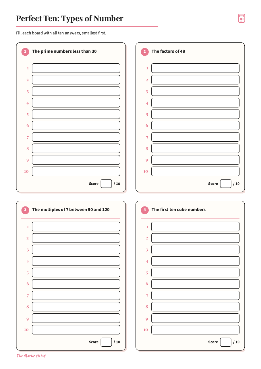 Perfect Ten: types of number, first page