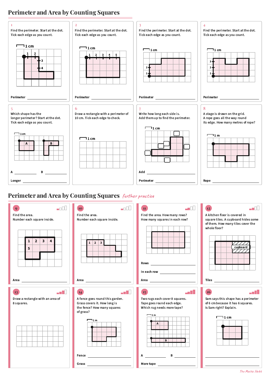 Perimeter and area by counting squares, first page