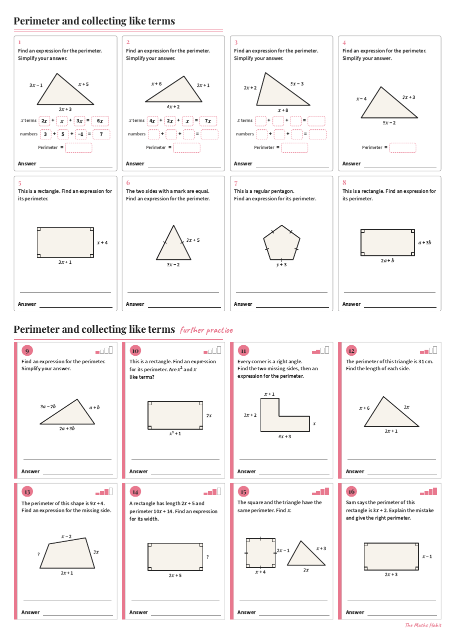 Perimeter and collecting like terms, first page
