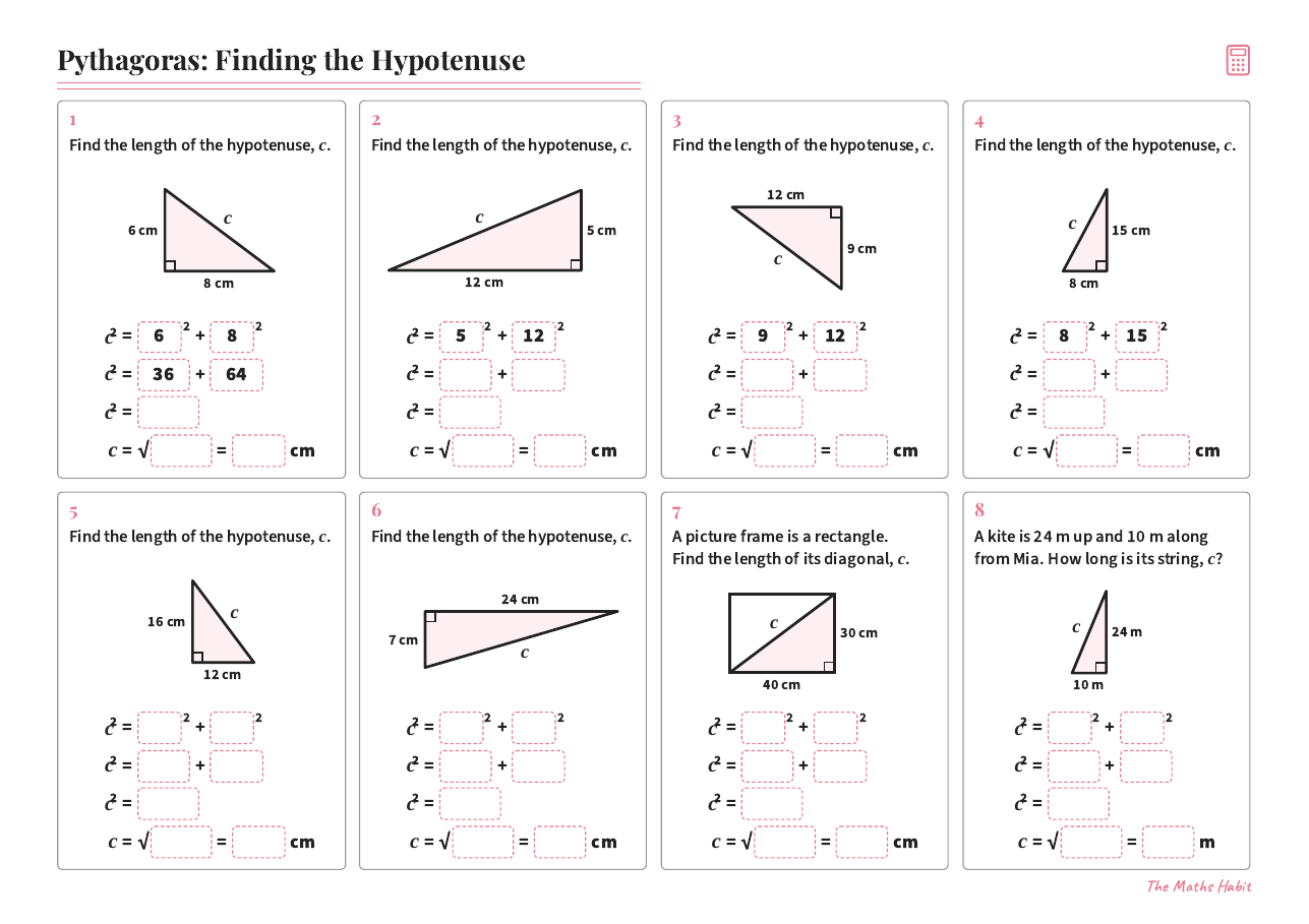 Pythagoras: finding the hypotenuse, first page