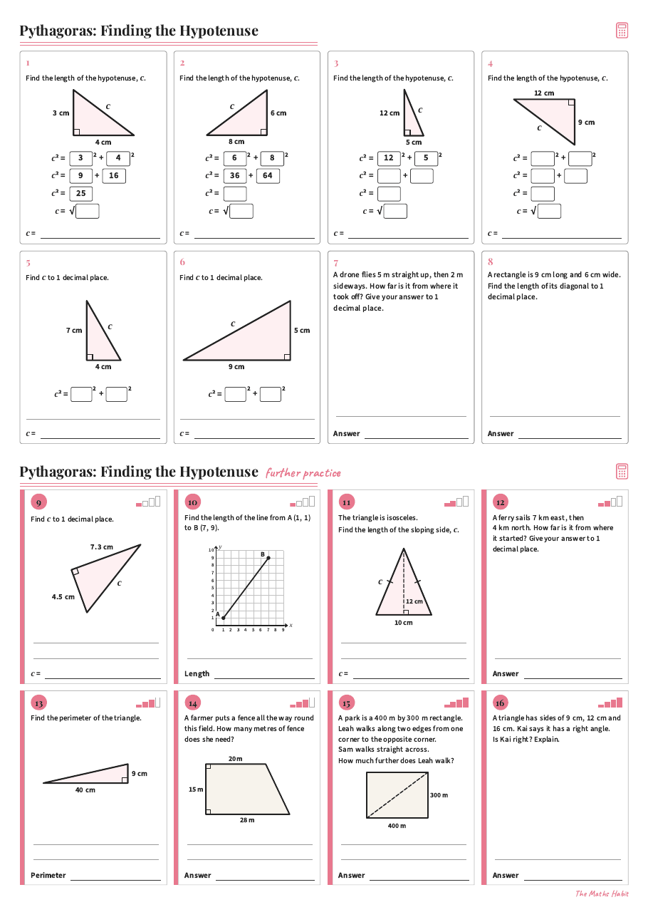 Pythagoras: finding the hypotenuse, first page