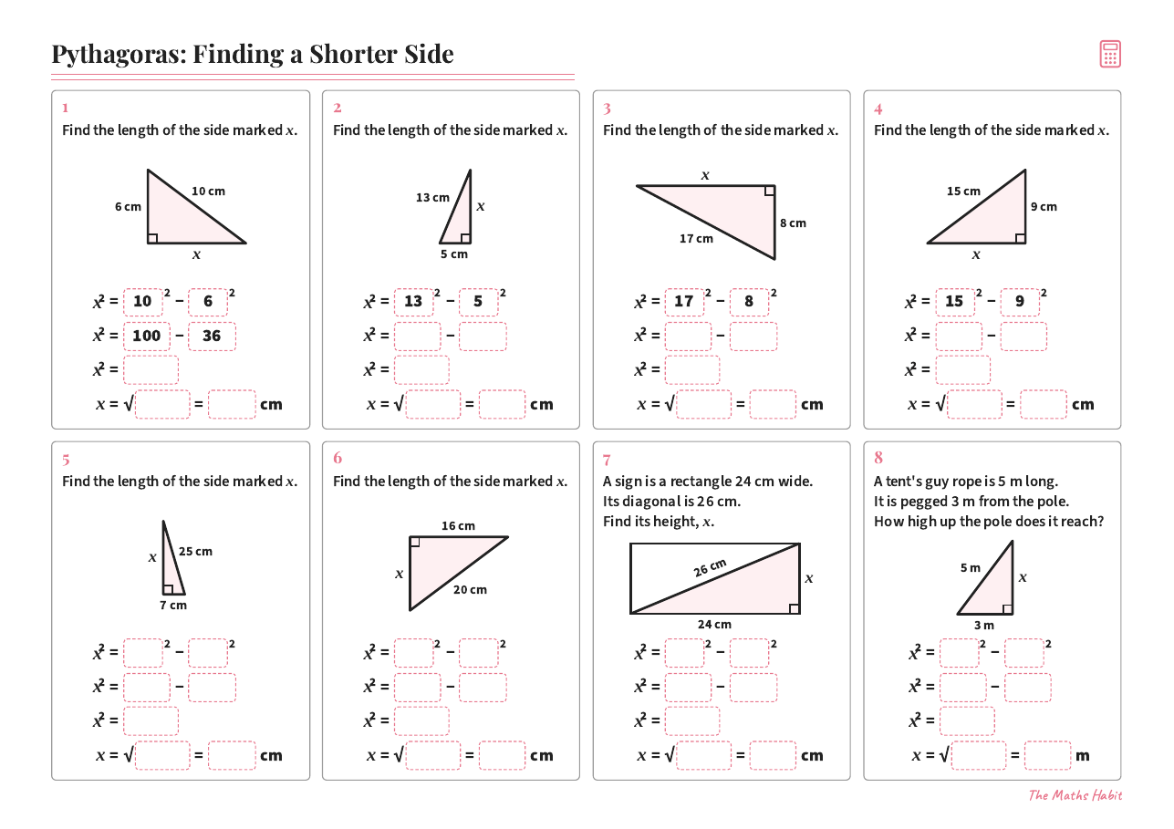 Pythagoras: finding a shorter side, first page